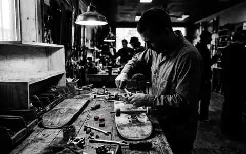 Schwarzweiss-Reportage mit Skateboard-Achsen zum Thema Independent Truck Co. Stage, hoher Kontrast, sachlich dargestellt - Foto: THN