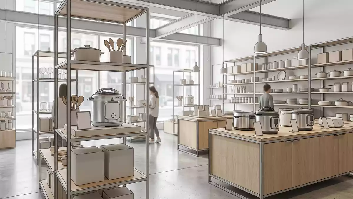 Architektur-Render im Kuechengeschaeft mit Multikocher im Ausstellungsbereich, neutral