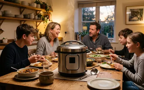 Fotorealistische Aufnahme von Multikocher am Esstisch zum Thema Instant Pot Duo 7-in-1, warmes Abendlicht - Foto: THN