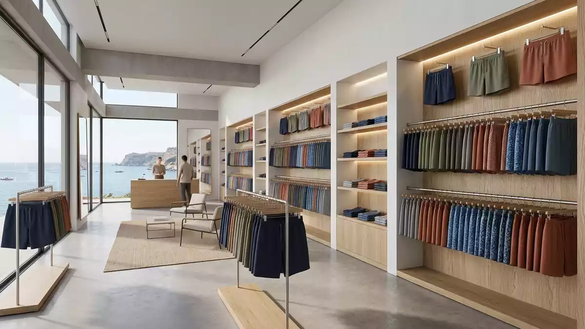 Architektur-Render im Bademodengeschaeft mit Badeshorts im Ausstellungsbereich