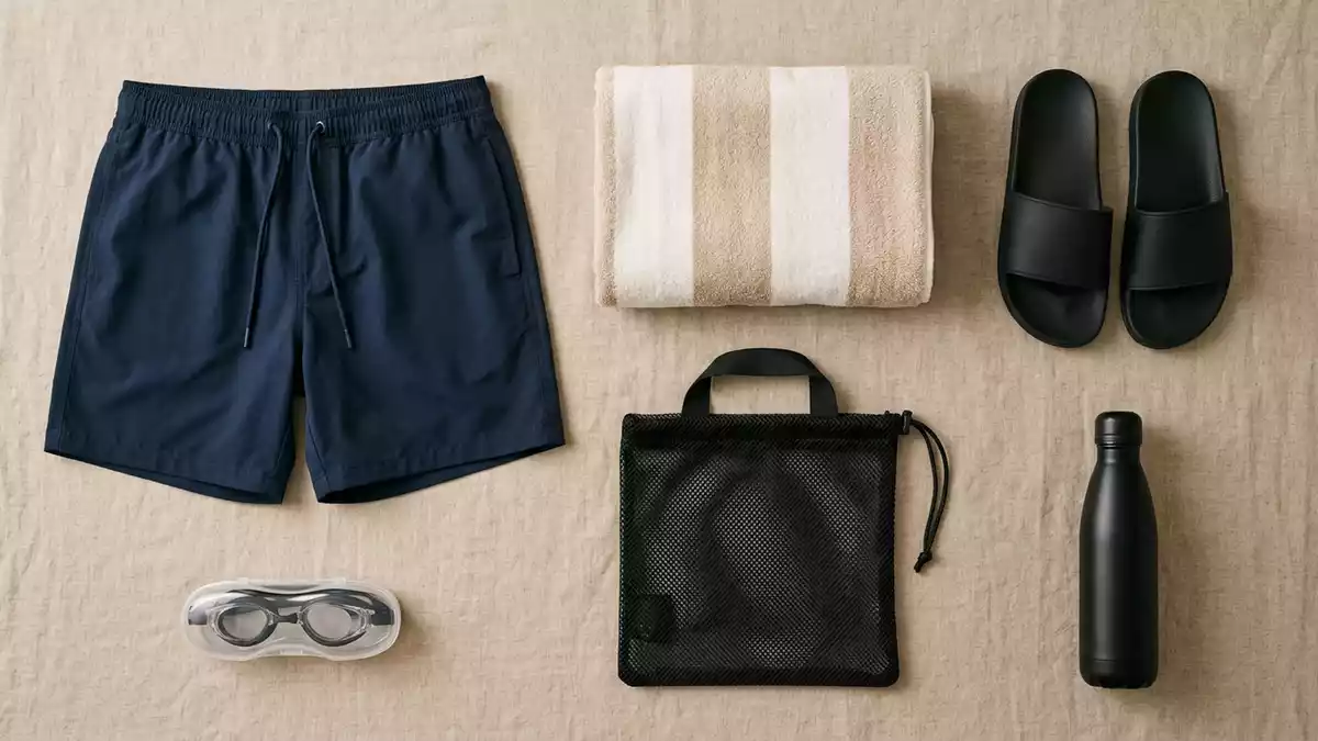 Flatlay-Arrangement rund um Badeshorts mit passenden Requisiten von oben, neutral