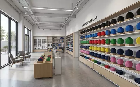Architektur-Render im Schwimmsportgeschaeft mit Badekappe zum Thema Zoggs Badekappe Silikon Erwachsene, neutrales Tageslicht - Foto: THN