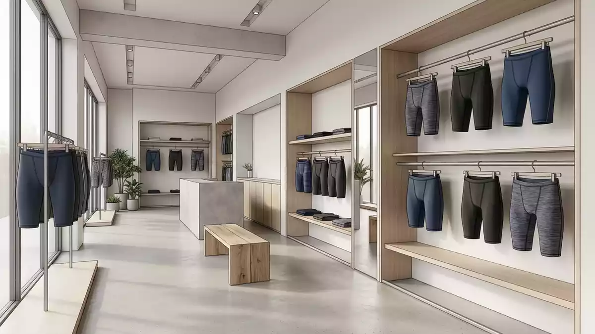 Architektur-Render im Bademodengeschaeft mit Schwimmhose im Ausstellungsbereich