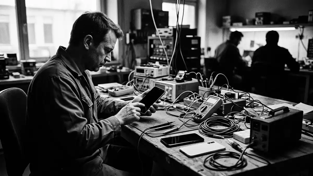 Schwarzweiss-Reportagebild mit Smartphone in dokumentarischer Arbeitsumgebung, neutral