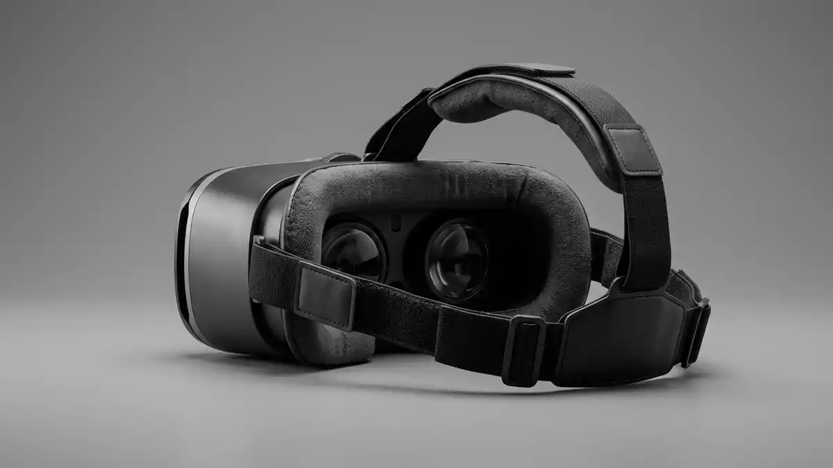 Fotorealistische Studioansicht von VR-Headset in neutraler Produktdarstellung, neutral