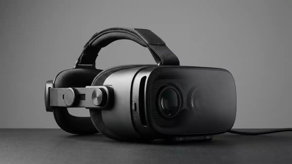 Fotorealistische Studioansicht von VR-Headset in neutraler Produktdarstellung, neutral