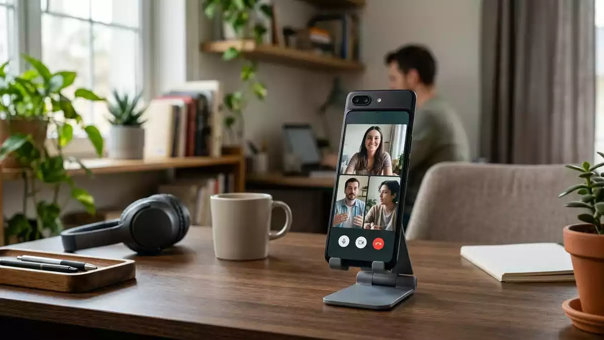 Fotorealistische Ansicht von Smartphone am Schreibtisch in realer Umgebung, neutral