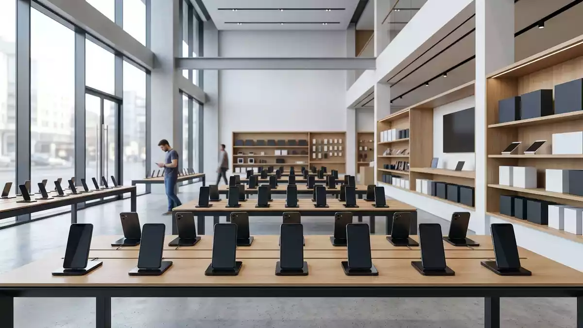 Architektur-Render im Elektronikgeschaeft mit Smartphone im Ausstellungsbereich