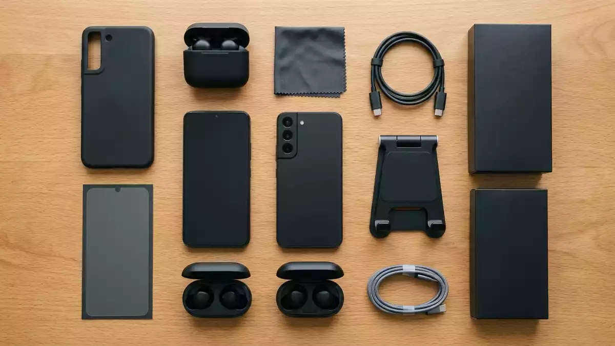 Flatlay-Arrangement rund um Smartphone mit passenden Requisiten von oben, neutral