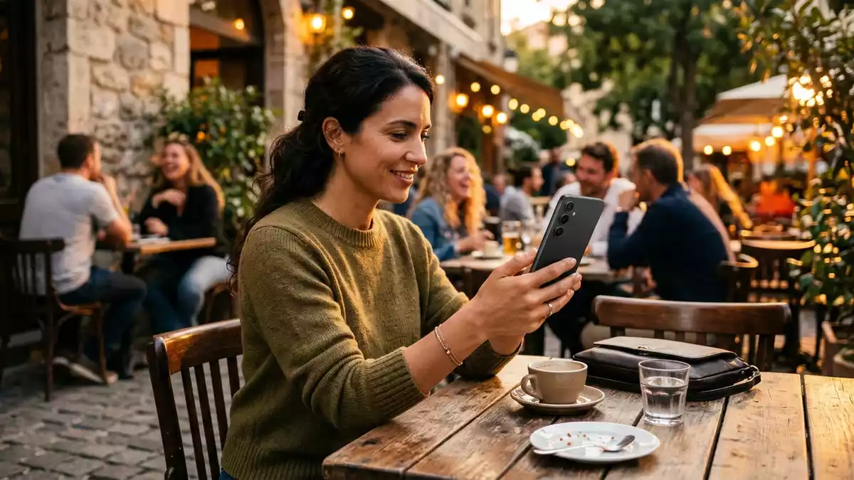 Fotorealistische Ansicht von Smartphone im Cafe in warmem Abendlicht, neutral