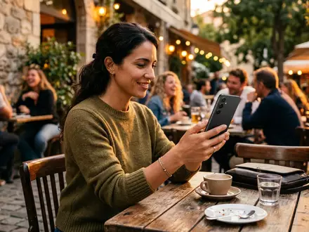 Fotorealistische Aufnahme von Smartphone im Cafe zum Thema Sony Xperia 1 VII, warmes Abendlicht - Foto: THN