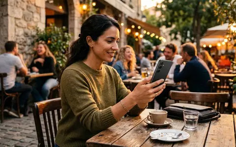 Fotorealistische Aufnahme von Smartphone im Cafe zum Thema Sony Xperia 1 VII, warmes Abendlicht - Foto: THN