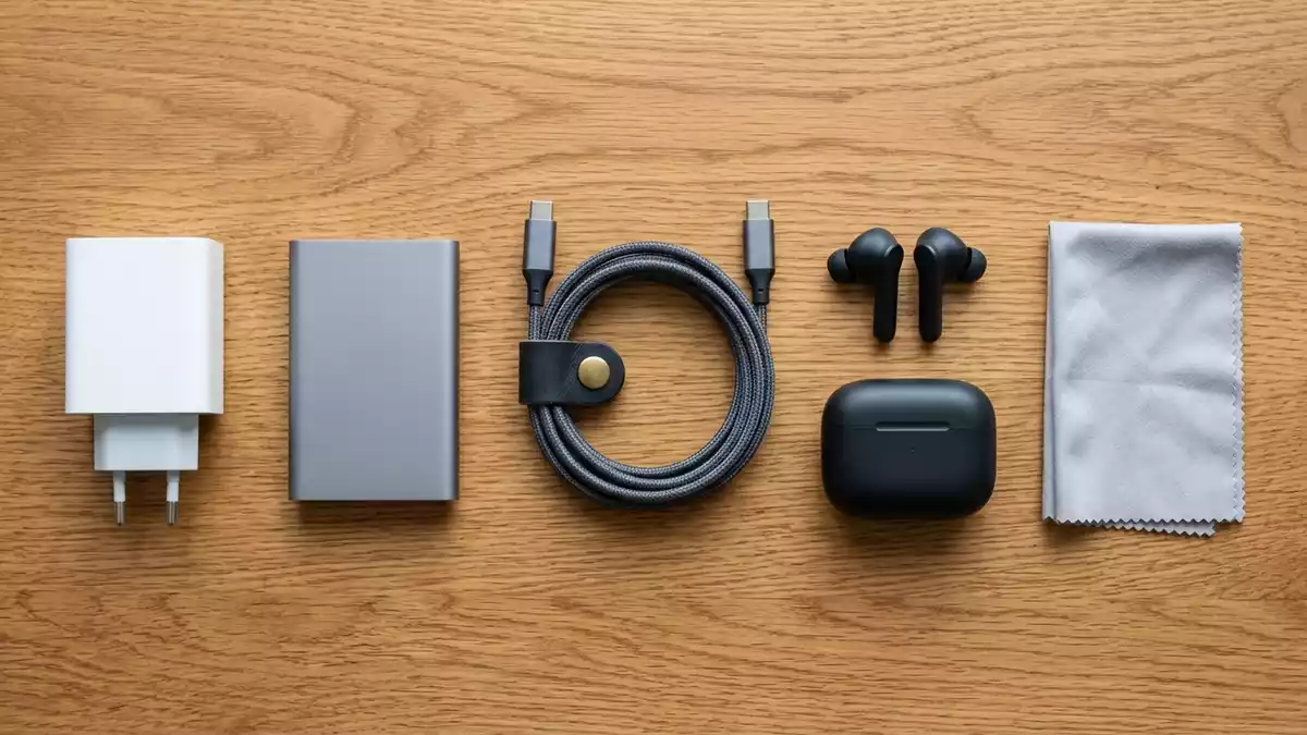 Flatlay-Arrangement rund um USB-C Kabel mit passenden Requisiten von oben, neutral
