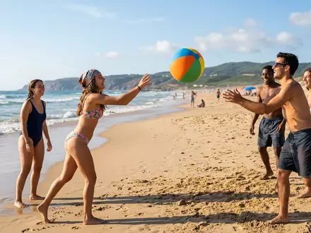 Fotorealistische Aufnahme von Strandball am Strand zum Thema Schildkröt Funsports Neopren Beachball, natuerliches Licht - Foto: THN
