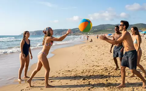 Fotorealistische Aufnahme von Strandball am Strand zum Thema Schildkröt Funsports Neopren Beachball, natuerliches Licht - Foto: THN