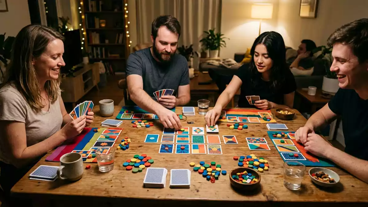 Fotorealistische Ansicht von Kartenspiel beim Spieleabend in realer Umgebung, neutral