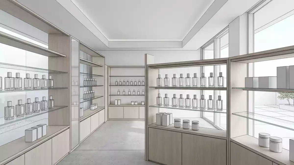 Architektur-Render im Parfuemerie mit Parfuem im Ausstellungsbereich, neutral
