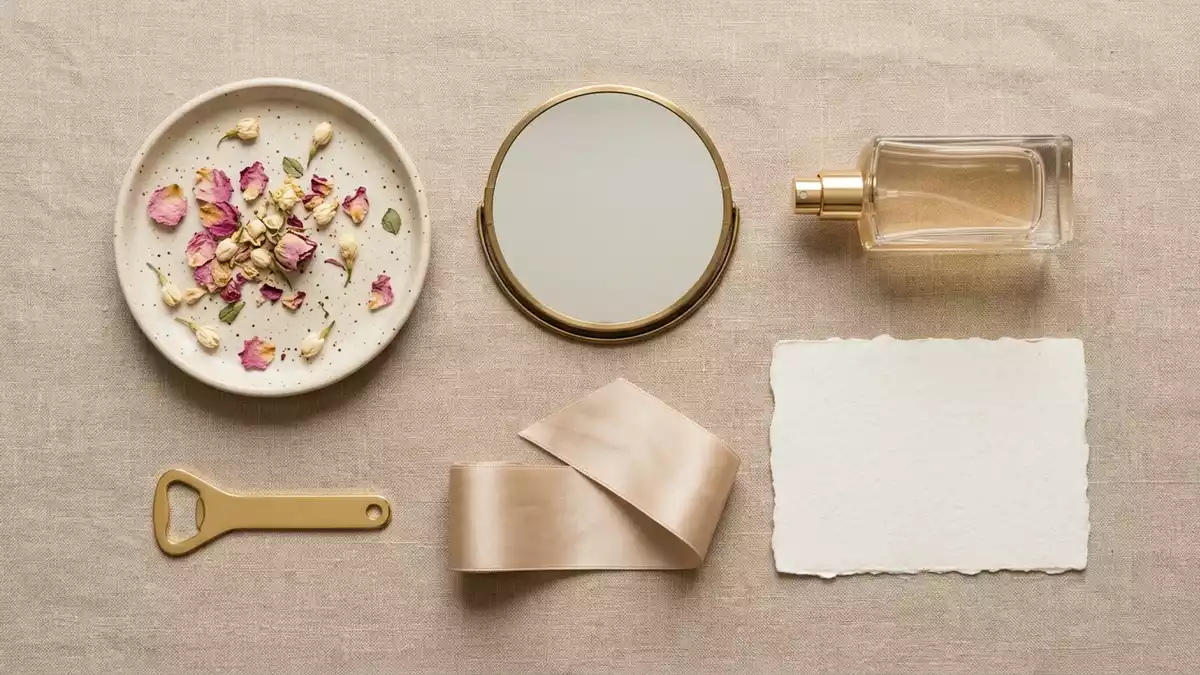 Flatlay-Arrangement rund um Parfuem mit passenden Requisiten von oben, neutral