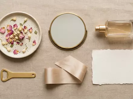 Flatlay-Arrangement rund um Parfuem zum Thema Dior Fahrenheit Eau de, weiches Oberlicht - Foto: THN