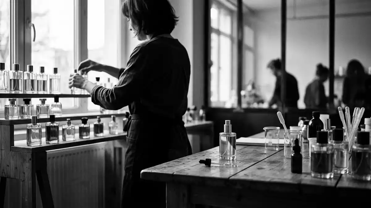 Schwarzweiss-Reportagebild mit Parfuem in dokumentarischer Arbeitsumgebung, neutral