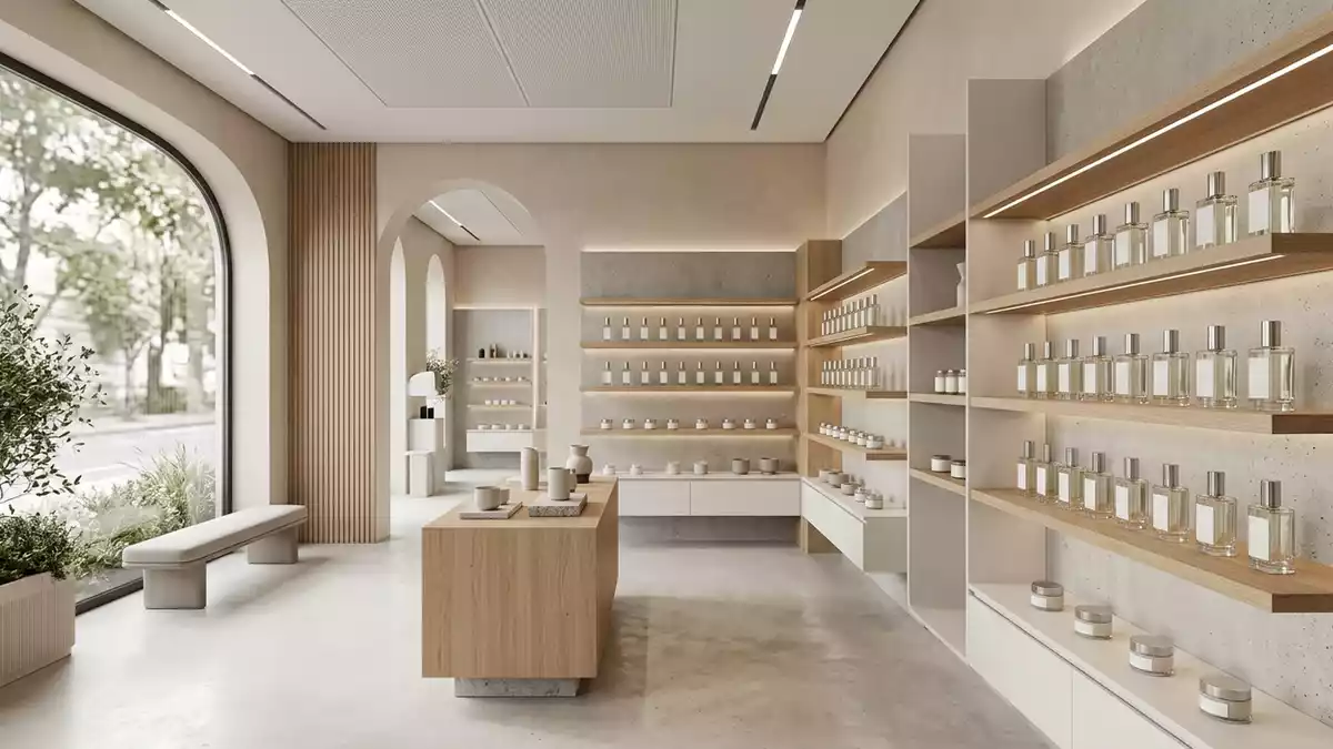 Architektur-Render im Parfuemerie mit Parfuem im Ausstellungsbereich, neutral