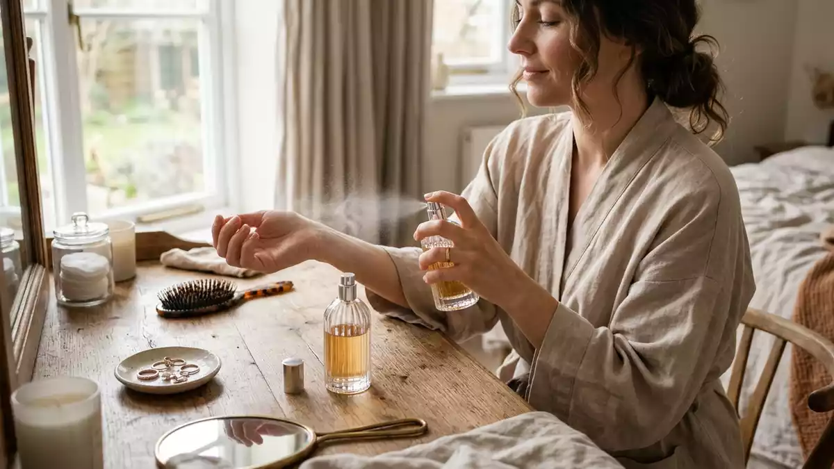 Fotorealistische Ansicht von Parfuem am Schminktisch in realer Umgebung, neutral