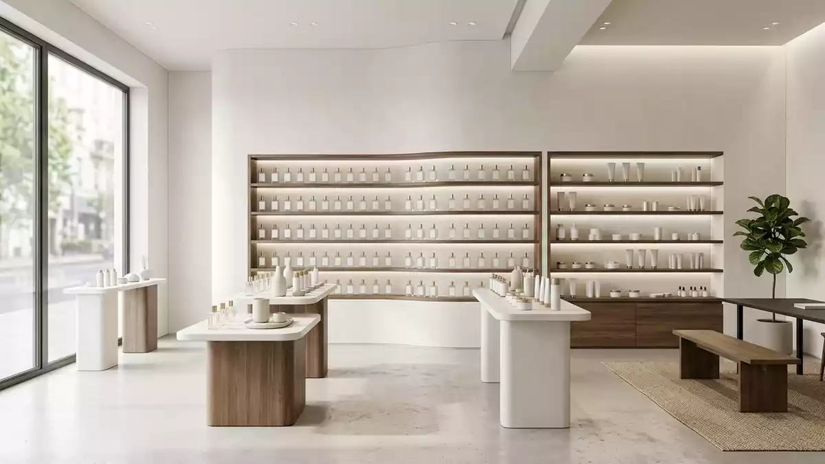Architektur-Render im Parfuemerie mit Parfuem im Ausstellungsbereich, neutral