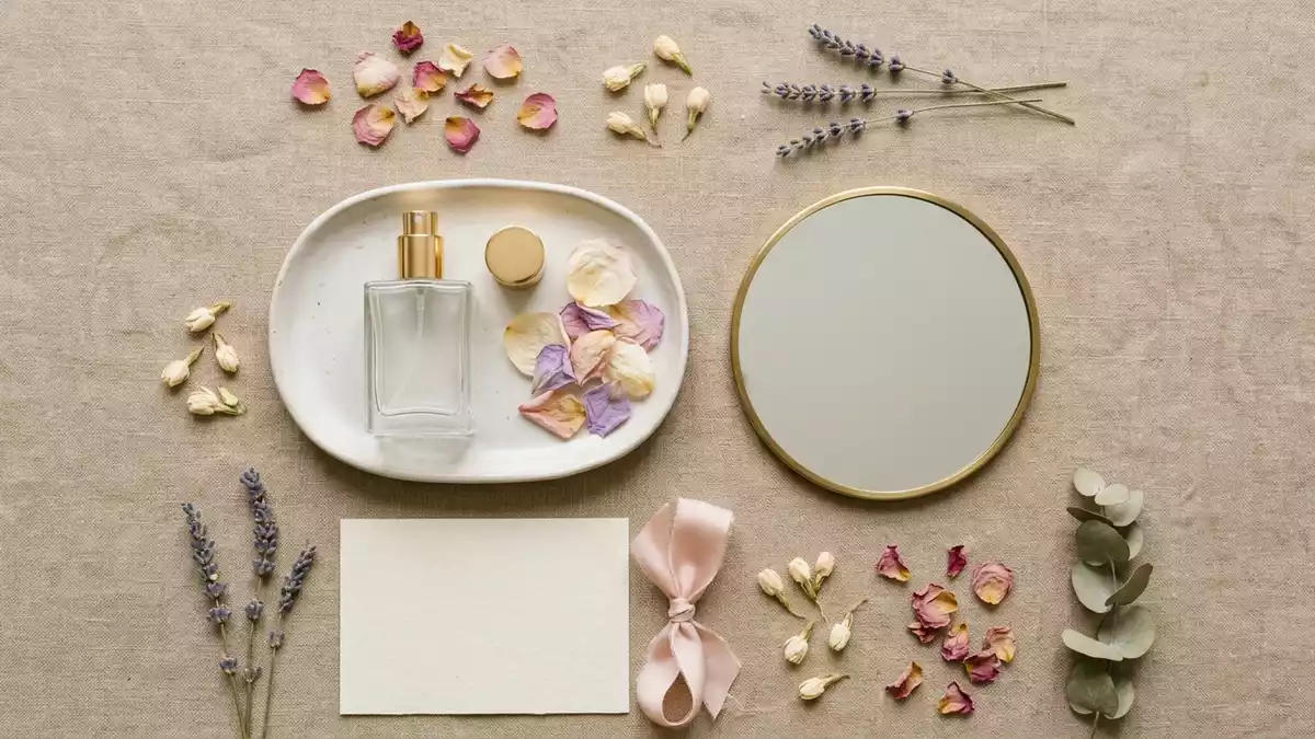 Flatlay-Arrangement rund um Parfuem mit passenden Requisiten von oben, neutral