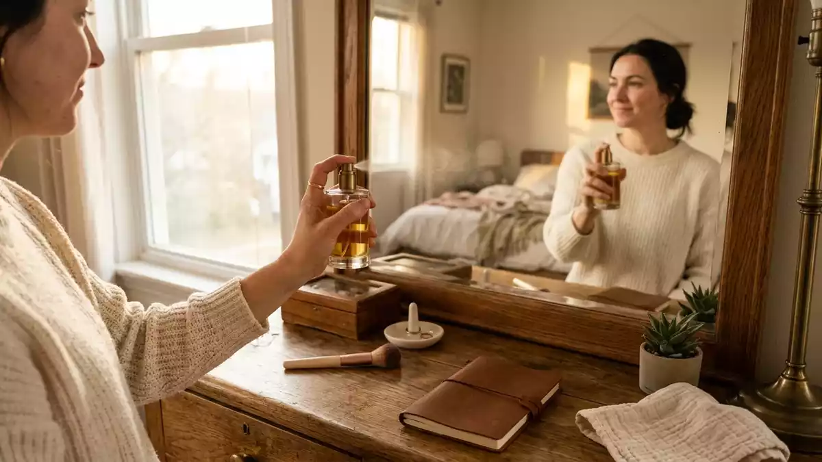Fotorealistische Ansicht von Parfuem im Schlafzimmer in warmem Abendlicht, neutral