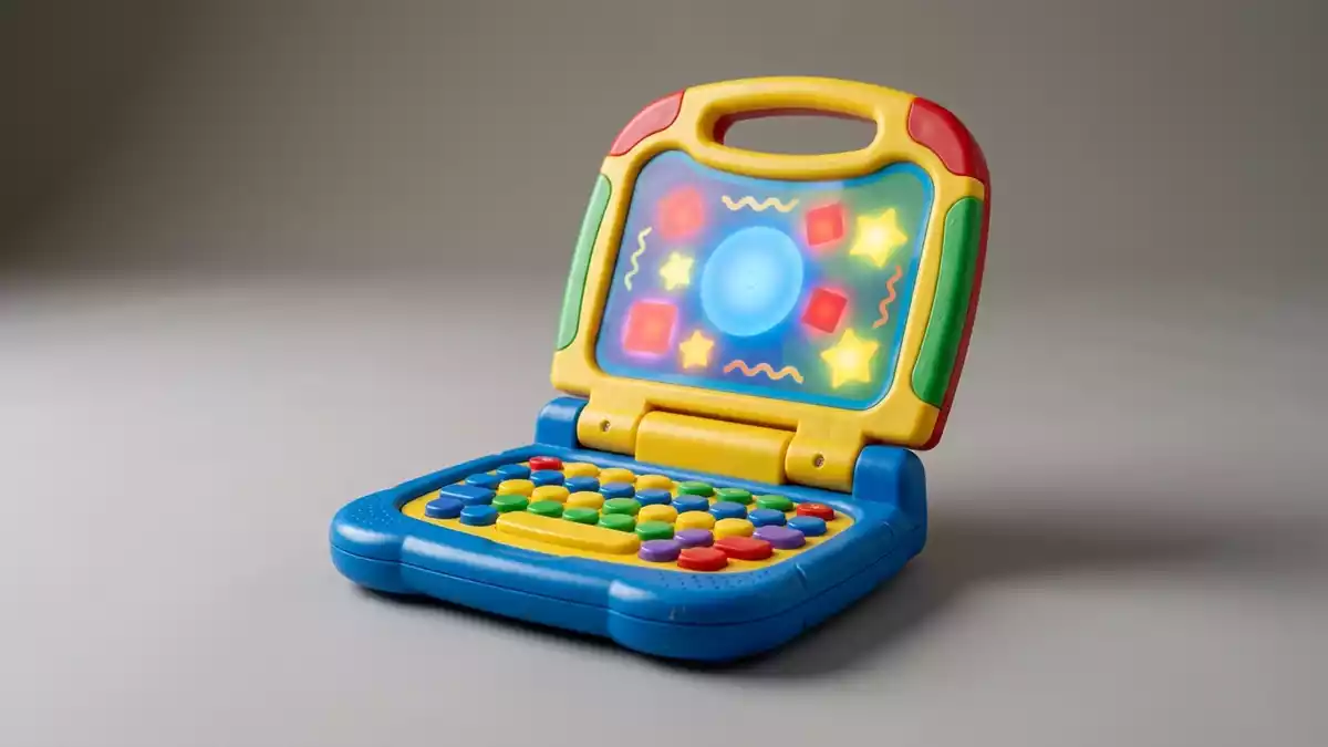 Fotorealistische Studioansicht von Spielzeuglaptop in neutraler Produktdarstellung