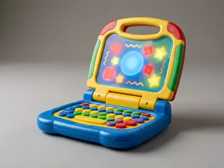 Fotorealistische Studioaufnahme von Spielzeuglaptop zum Thema Fisher-Price Laugh & Learn, klare Lichtfuehrung - Foto: THN