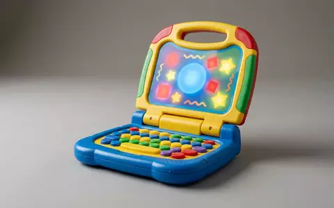 Fotorealistische Studioaufnahme von Spielzeuglaptop zum Thema Fisher-Price Laugh & Learn, klare Lichtfuehrung - Foto: THN