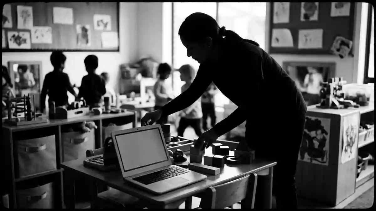 Schwarzweiss-Reportagebild mit Spielzeuglaptop in dokumentarischer Arbeitsumgebung
