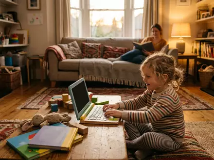 Fotorealistische Aufnahme von Spielzeuglaptop im Wohnzimmer zum Thema Fisher-Price Laugh & Learn, warmes Abendlicht - Foto: THN