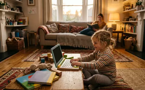Fotorealistische Aufnahme von Spielzeuglaptop im Wohnzimmer zum Thema Fisher-Price Laugh & Learn, warmes Abendlicht - Foto: THN