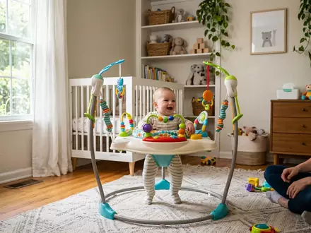 Fotorealistische Aufnahme von Babyschaukel im Kinderzimmer zum Thema Fisher-Price Rainforest Jumperoo Babyschaukel, natuerliches Licht - Foto: THN