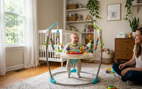 Fotorealistische Aufnahme von Babyschaukel im Kinderzimmer zum Thema Fisher-Price Rainforest Jumperoo Babyschaukel, natuerliches Licht - Foto: THN