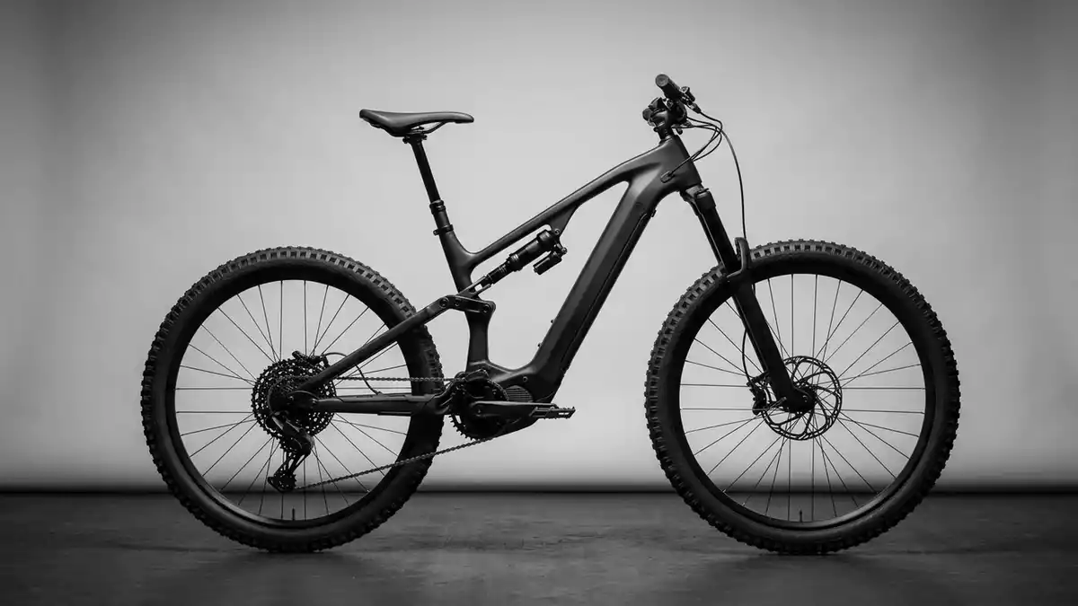 Fotorealistische Studioansicht von Elektro-Mountainbike in neutraler Produktdarstellung