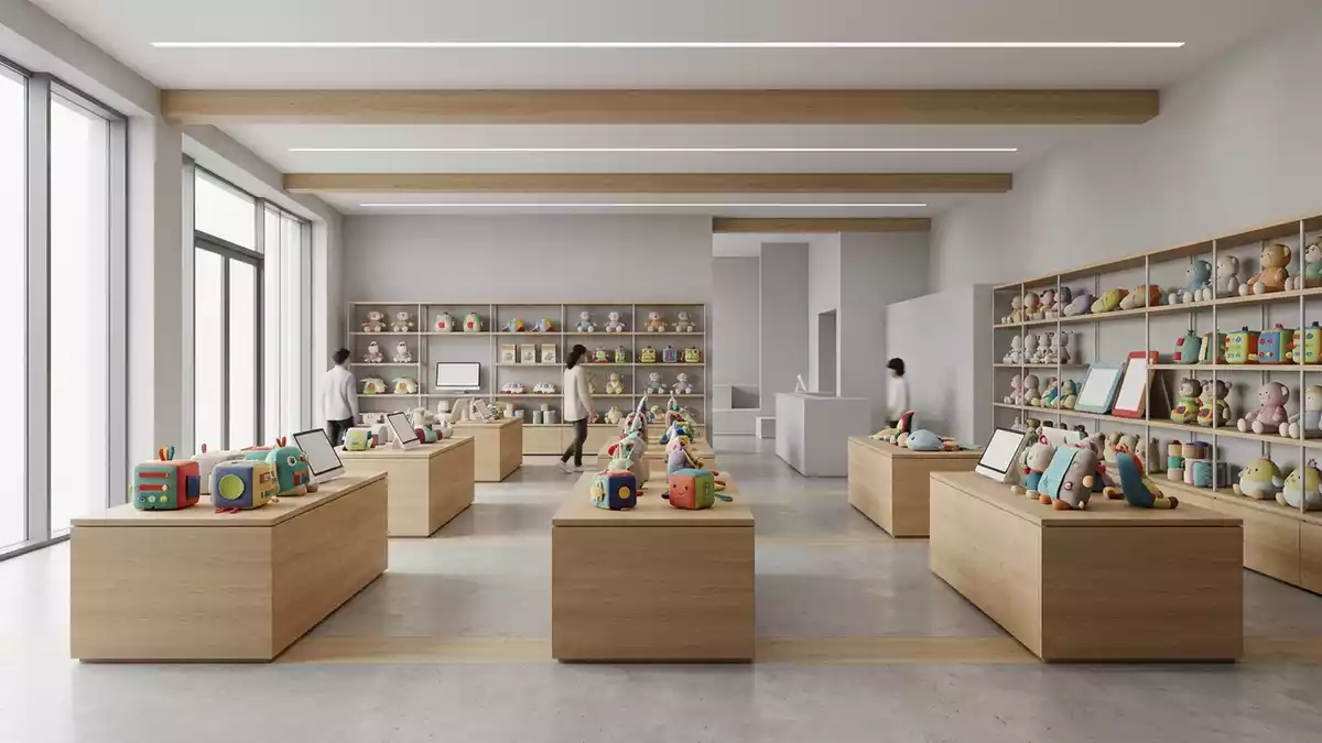 Architektur-Render im Spielwarengeschaeft mit Lernspielzeug im Ausstellungsbereich