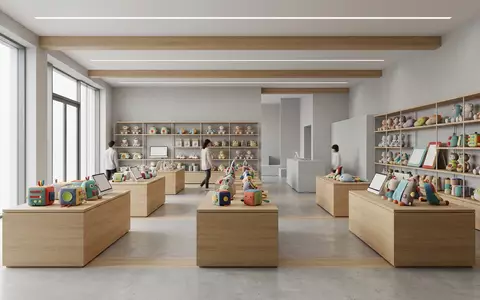 Architektur-Render im Spielwarengeschaeft mit Lernspielzeug zum Thema Fisher-Price Lernspaß Puppy Lernspielzeug, neutrales Tageslicht - Foto: THN