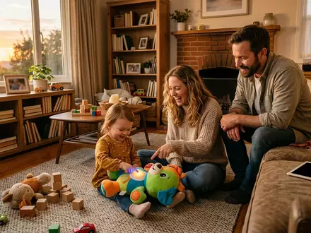 Fotorealistische Aufnahme von Lernspielzeug im Wohnzimmer zum Thema Fisher-Price Lernspaß Puppy Lernspielzeug, warmes Abendlicht - Foto: THN