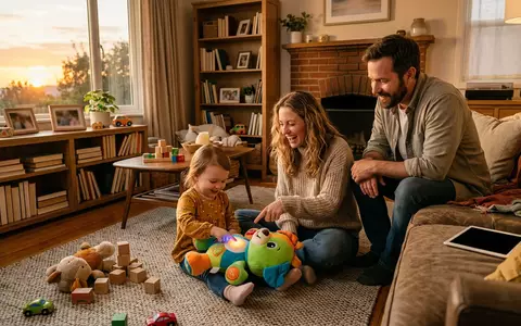 Fotorealistische Aufnahme von Lernspielzeug im Wohnzimmer zum Thema Fisher-Price Lernspaß Puppy Lernspielzeug, warmes Abendlicht - Foto: THN