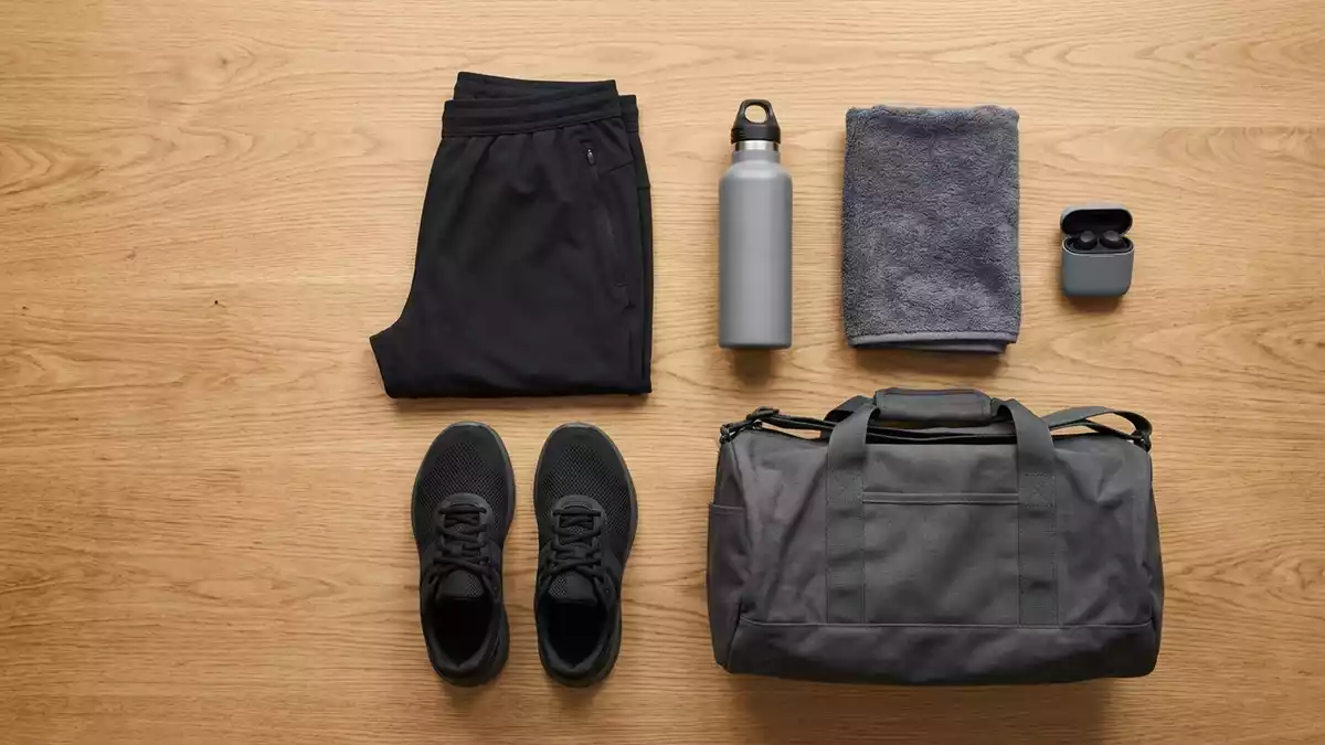 Flatlay-Arrangement rund um Trainingshose mit passenden Requisiten von oben, neutral