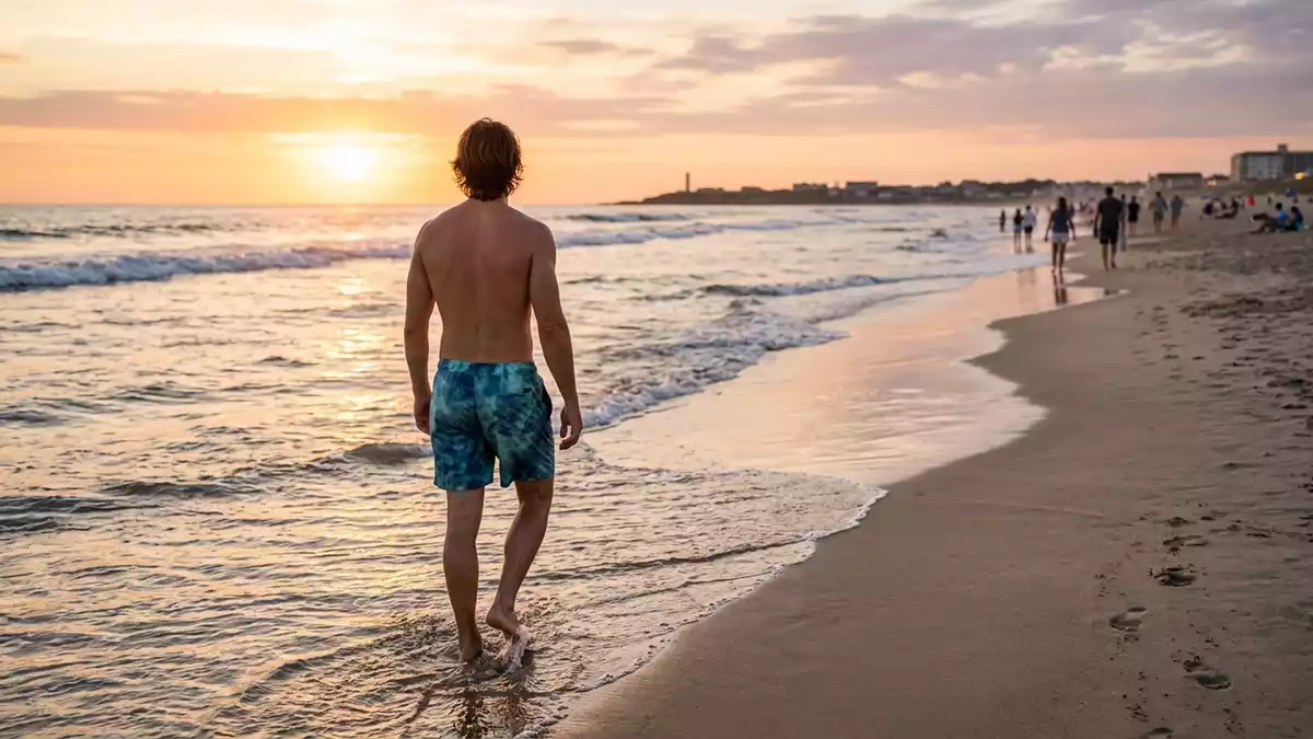 Fotorealistische Ansicht von Badeshorts am Abendufer in warmem Abendlicht, neutral