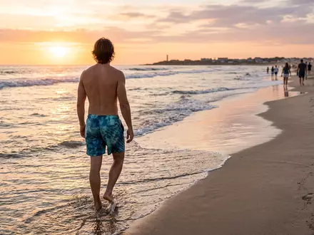 Fotorealistische Aufnahme von Badeshorts am Abendufer zum Thema Adidas Herren 3-Streifen CLX, warmes Abendlicht - Foto: THN