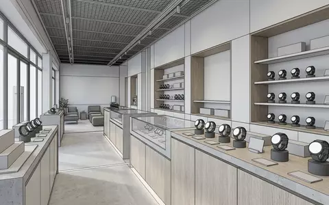 Architektur-Render im Fitnessgeschaeft mit Fitnessuhr zum Thema Garmin Venu 4 Fitness-Smartwatch, neutrales Tageslicht - Foto: THN