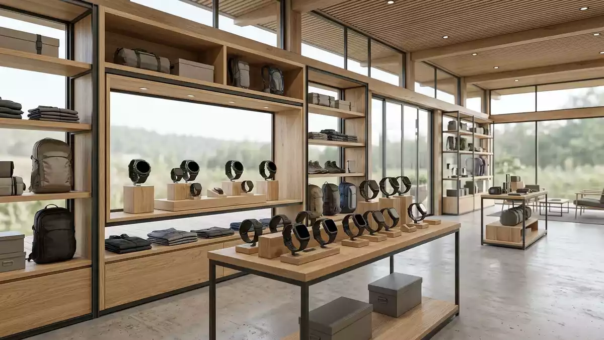 Architektur-Render im Outdoorgeschaeft mit Multisportuhr im Ausstellungsbereich