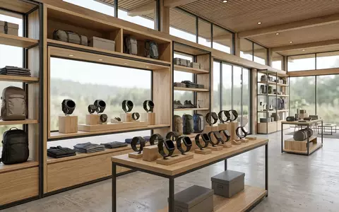 Architektur-Render im Outdoorgeschaeft mit Multisportuhr zum Thema Garmin Fenix 7 Pro, neutrales Tageslicht - Foto: THN