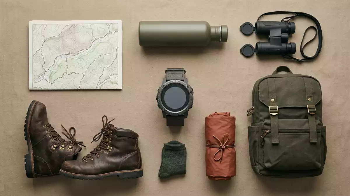 Flatlay-Arrangement rund um Multisportuhr mit passenden Requisiten von oben, neutral