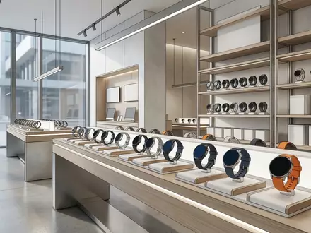 Architektur-Render im Elektronikgeschaeft mit Smartuhr zum Thema Garmin Vivoactive 5 Smartwatch, neutrales Tageslicht - Foto: THN